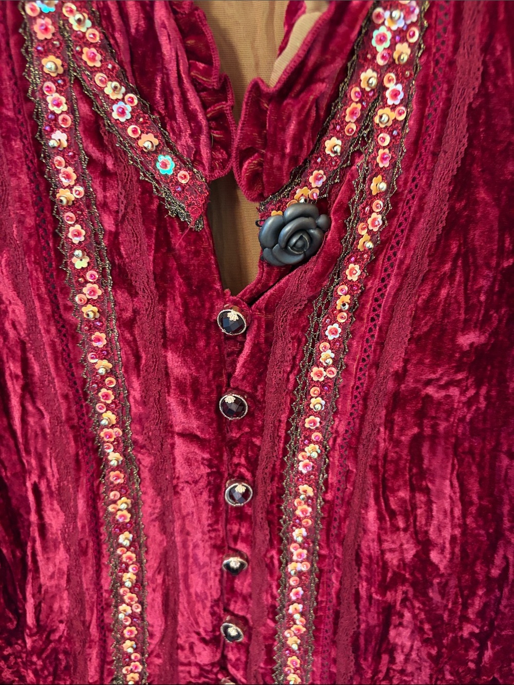 Alberto Makali Red Crushed Velvet Ruffled Blouse with Sequin Trim - Picture 4 of 8